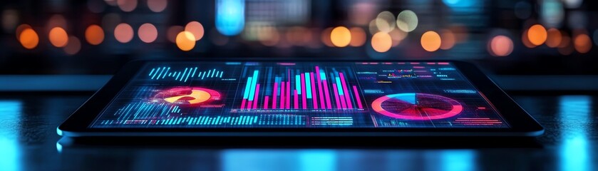 Poster - A tablet screen displaying a cuttingedge digital data visualization, with vivid pie charts, bar graphs, and analytics in a clean environment