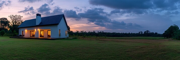 Poster - Modern farmhouse at sunset, illuminated windows, grassy field.