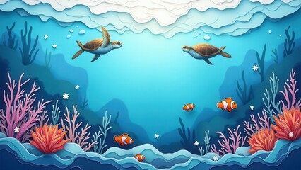 Naklejka na meble Layered ocean bubbles. Whimsical underwater world with cartoonish sea animals, perfect for children's educational games