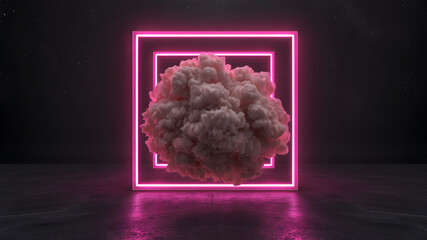 A dark smoky cloud encapsulated in a neon pink square frame, floating on a reflective obsidian surface with a starry void background, hyper-realistic 8K