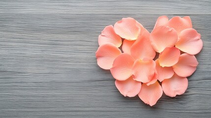 Wall Mural - Valentine sweet memories. Heart-shaped arrangement of pink flower petals on wood.