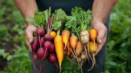 Wall Mural - Close up of hands holding freshly picked vegetables