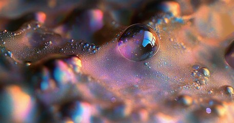 Poster - Iridescent Fabric Texture with Shimmering Wet Highlights and Vibrant Color Changing Spots on a Rough Silver Background