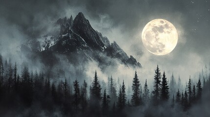 Wall Mural - Mystical Moonlight: Foggy Mountain Forest Night