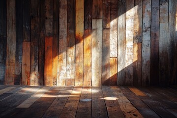 Wall Mural - Sunlit rustic wooden wall and floor.