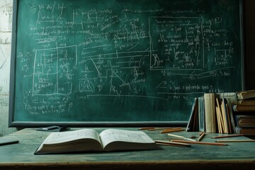 Poster - Open book on desk with chalkboard covered in math equations and stacked books.