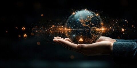 Poster - hand holding a digital globe with abstract data visualization and light effects in a dark background