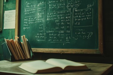Poster - Open book on desk, old books and chalkboard with equations.