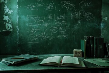 Poster - Dark green chalkboard with equations, books, and papers on a desk.