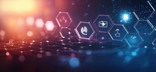 Poster - digital communication icons in futuristic style with blue and purple hues