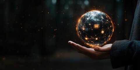 Poster - hand holding a glowing sphere with network connections and data points in a dark ambient setting for
