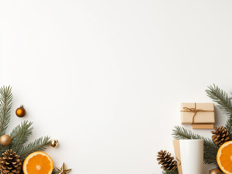 Merry Christmas and Happy New Year banner. Xmas background with realistic festive decorative design elements. Pine and spruce branches, gift box, pine cone, orange, ball bauble. Flat lay, top view.