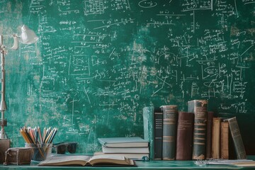 Poster - Desk with open book, pencils, glasses, and old books in front of a chalkboard filled with math equations.