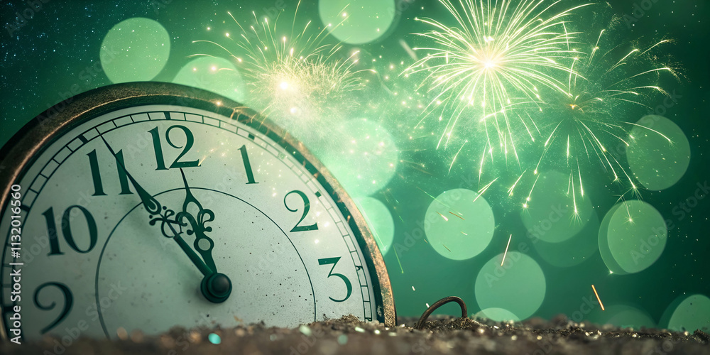 2025 New Year Countdown with Clock and Green Fireworks - Abstract ...
