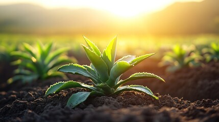 Wall Mural - Young agave plant growing in a field at sunset.