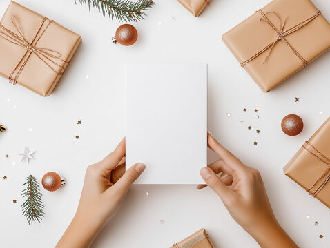 Merry Christmas text on white background with gift boxes, ribbons, red decoration, fir branches, bokeh, sparkles and confetti. Xmas and New Year greeting card, bokeh, light. Flat lay, top view