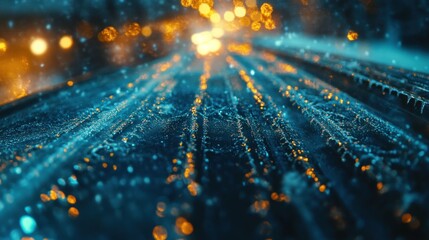 Aufkleber - A close-up view of a wet surface reflecting lights and water droplets.