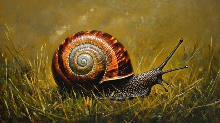Poster - A detailed depiction of a snail on grass, showcasing natural beauty and intricate patterns.