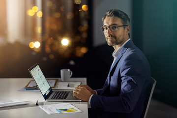 Poster - Businessman, night or accountant on laptop for portrait, investment research or budget for profit. Economy growth, bokeh or financial advisor on technology for stats paperwork and accounting report