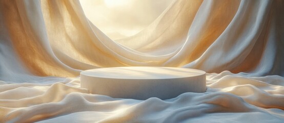 Aufkleber - Minimalist Beige Podium with Satin Curtain for Natural Cosmetics Display and Presentation
