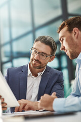 Poster - Businessmen, meeting and finance discussion with tablet stock market research or trading at office. Business people, broker or accountant with technology for financial profit, report or investment