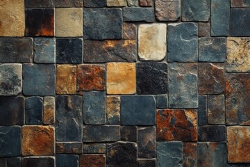 Wall Mural - Rustic stone wall with varied colors and textures; browns, grays, and oranges. Ideal for backgrounds, textures, or design projects needing a natural stone look.