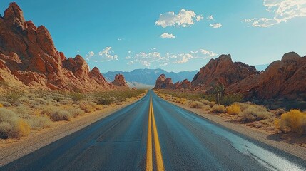 Aufkleber - Vast stretches of a deserted highway invite exploration beneath an expansive sky. The sunlit landscape reveals rugged rock formations and vibrant desert flora, suggesting adventure awaits