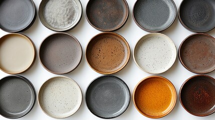 Poster - A collection of minimalist ceramic plates showcases a range of muted colors from dark gray to warm earth tones, artfully arranged in neat rows. The simplicity emphasizes the beauty of each piece