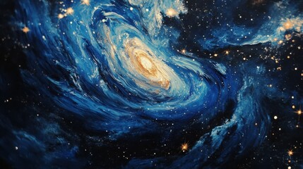 Wall Mural - acrylic pour mimicking a galaxy with deep blues and shimmering metallic stars