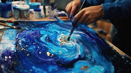 Wall Mural - acrylic pour mimicking a galaxy with deep blues and shimmering metallic stars
