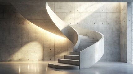 Aufkleber - A modern spiral staircase in a minimalist concrete space with soft lighting.
