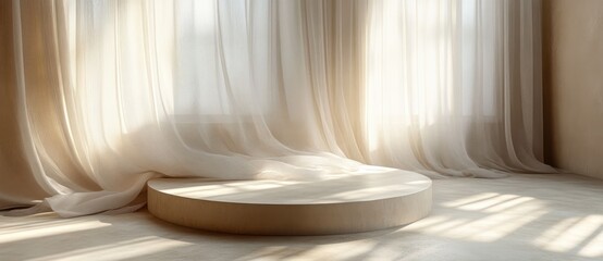 Aufkleber - Elegant Round Podium on Flowing Satin Curtain for Minimalist Natural Cosmetics Display