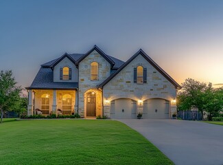 Poster - Two-story house with stone facade, lit at dusk, three-car garage, and manicured lawn.