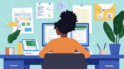 Aufkleber - A person working at a desk with a computer, surrounded by organized documents and plants.