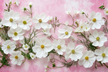 Wall Mural - White cosmos flowers and greenery arranged on a pink background.