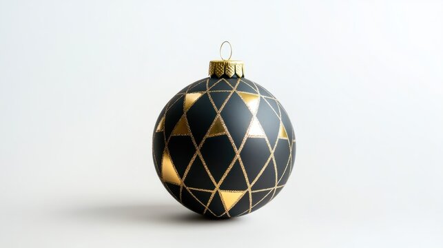 A modern geometric-patterned Christmas ball in black and gold, isolated on white, perfect for elegant decor