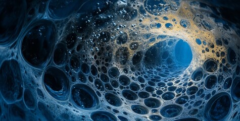 Poster - Abstract blue and gold organic cellular structure, resembling a tunnel or cavern.