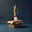 © Nuningkw - Rocket taking off from cardboard box on blue background, Generative ai