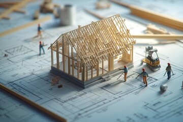 Aufkleber - Miniature house under construction on blueprints with workers and tools.