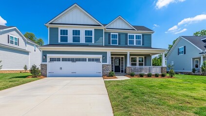 Aufkleber - Two-story teal house with white trim, stone accents, and a two-car garage, on a grassy lawn.