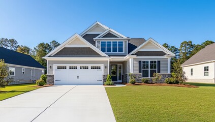 Wall Mural - Two-story craftsman style home with gray siding, white trim, and a three-car garage.