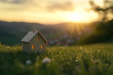 Wall Mural - miniature house on grassy field at sunset.