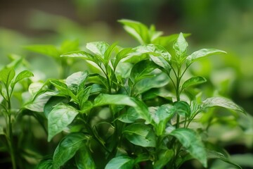 Naklejka na meble Lush green leaves of a growing plant in soft focus.