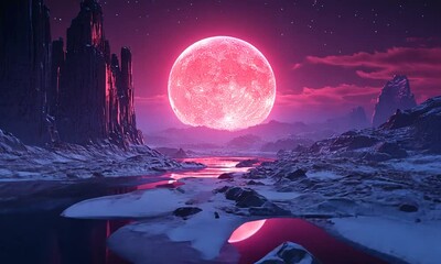 Wall Mural - A surreal landscape featuring a large pink moon over a reflective river.