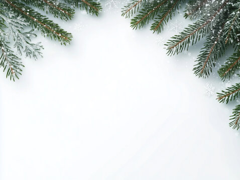 Winter holidays background with pine branches and snowflakes. Winter card design.