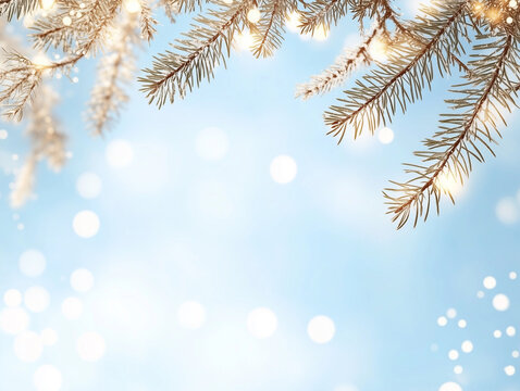 Winter holidays background with pine branches and snowflakes. Winter card design.