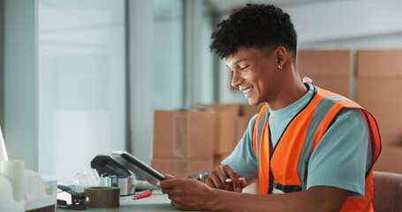 Aufkleber - Shipping, supply chain and man on tablet in warehouse for inspection, boxes and delivery. Factory, distribution and worker on digital tech for logistics, manufacturing and online inventory checklist