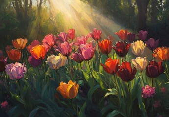 Wall Mural - sunbeams illuminate a vibrant field of colorful tulips.