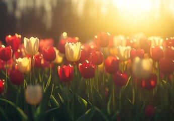 Wall Mural - sunlit field of red and white tulips.