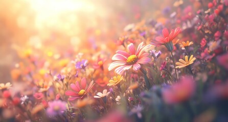 Wall Mural - vibrant wildflowers bathed in warm sunset light.